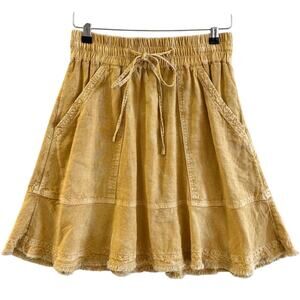 Pilcro Anthropologie Linen Blend Mustard Yellow Tiered Boho Mini Skirt, Size XS
